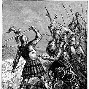 KNIGHTS: 15th CENTURY. A 15th century knight fending off an attack. Line engraving, 19th century