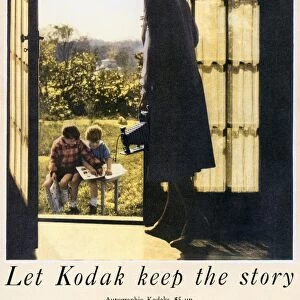 KODAK ADVERTISEMENT, 1927. Let Kodak Keep the Story. Advertisement for an Eastman Kodak hand-held camera, from an American magazine, 1927