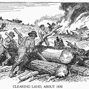 LAND CLEARING, c1830. Settlers clearing the land for farming, c1830. Line drawing by C
