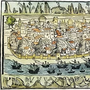 LISBON, 1548. A view of Lisbon, Portugal. Woodcut, Spanish, 1548