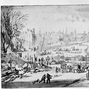 LONDON: FROST FAIR, 1684. View from the middle of the frozen Thames River of the