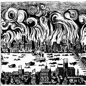 LONDON: GREAT FIRE, 1666. The Great Fire of London, which destroyed 13, 200 houses and 89 churches but with a total death toll of six persons: contemporary engraving