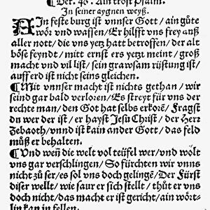 LUTHERAN HYMN, 1529. The first printing of Martin Luthers famous Reformation hymn