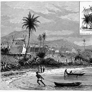 MADAGASCAR, 1883. View of the port of Tamatave (Toamasina), Madagascar, with an inset of the chiefs house. Wood engraving, English, 1883