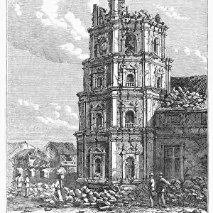 MANILA: EARTHQUAKE, 1863. Tower of the Binondo Church at Manila, Philippines, after the earthquake of 1863. Contemporary wood engraving