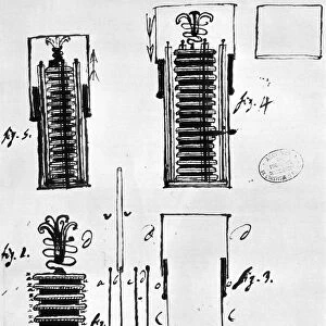 Manuscript drawing of Alessandro Voltas Voltaic pile, or electric battery, from an 1801 letter sent by Volta to the French geologist Deodat de Dolomieu
