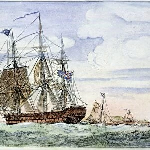 MERCHANT SHIP. The Thames, an East Indiaman merchant ship built in the late 18th century for the East India Company: English engraving, 1828