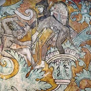 MEXICO: IXMIQUILPAN FRESCO. Fresco painting depicting a fanciful battle scene between Aztec warriors, combining European realism with a native Mexican syle of color and abstract design. Fresco at the Church of San Miguel Arcangel y Caritas Ixmiquilpan, at Ixmiquilpan, Hidalgo, Mexico, c1550