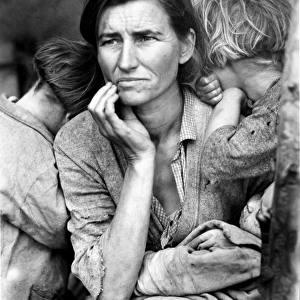 MIGRANT MOTHER, 1936. Florence Thompson, a 32-year-old migrant worker and mother of seven, with her children in a camp for migrant workers in Nipomo, California, 1936. Part of the Migrant Mother series by Dorothea Lange, 1936