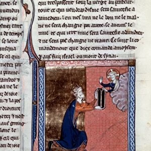 MOSES & TABLETS. Moses receives the Tablets of the Law: French manuscript illumination