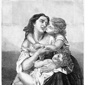 MOTHER AND CHILDREN, 1871. Home treasures. Engraving after M. Merle, 1871