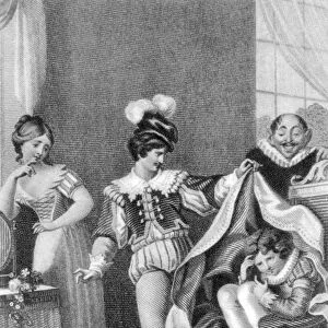 MOZART: MARRIAGE OF FIGARO. Austrian composer. A scene from the Wolfgang Amadeus Mozarts opera The Marriage of Figaro, in which Count Almaviva discovers Cherubino hiding in the Countesss chambers: steel engraving, 1827