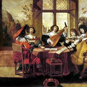 MUSIC, 17th CENTURY. Three singers with their accompanists and their song books illustrate the sense of hearing. Oil on canvas, 17th century, after a lithograph by Abraham Bosse
