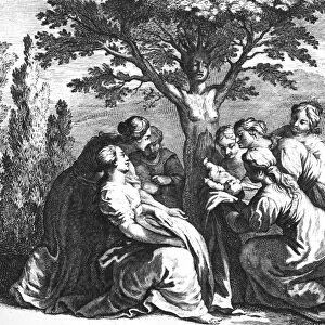 Myrrha, transformed into a tree, gives birth to Adonis. Copper engraving from a 17th century English edition of Ovids Metamorphoses
