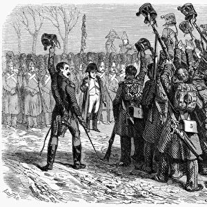 NAPOLEONs RETURN, 1815. Napoleon I, escaped from Elba, saluted by soldiers sent to arrest him at Grenoble, France, March 1815. Wood engraving, French, 1839