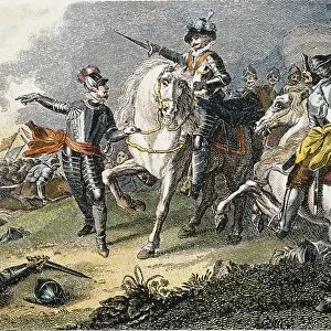 NASEBY BATTLE, 1645. A Scottish professional soldier takes the bridle of King Charles Is horse and leads the defeated king away from the Battle of Naseby, 14 June 1645. English engraving, 18th century