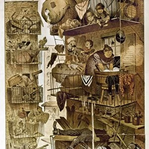 NEW YORK: FIRE ESCAPES. The New York Tenement House Fire-Escapes. Puck woud like to know how the tenants escape by them in case of fire. Lithograph cartoon by Frederick Burr Opper from Puck, c1890