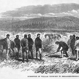 NEW ZEALAND WARS, 1865. The surrender of the Maori chief, Wiremu Tamihana, to brigadier-general Carey in May 1865. Wood engraving, English, 1865
