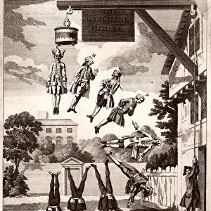 NEWTON: CARTOON, 1763. Caricature satirizing Sir Isaac Newtons laws of gravity, showing nine men having their heads weighed at a weighing house, ranging from one man whose head weighs so much that he is upside down to a man whose head weighs nothing at all. Engraving by William Hogarth, from Physiognomy, by John Clubbe, 1763