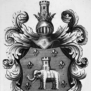 ORDER OF ELEPHANT, 1508. Coat of arms with the order of the elephant, 1508, of the Danish viceroy of Norway, Christian, King of Denmark and Norway, 1513-1523, as Christian II. Line engraving from Ivar Hertzholms Breviarium eqvestre, Denmark, 1704