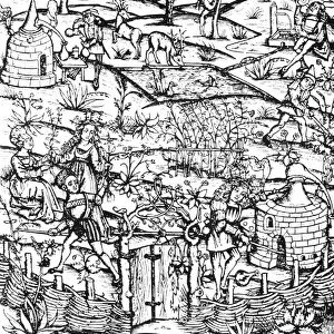 PHARMACY, c1500. A medieval herb garden and distillery. Woodcut, German, c1500