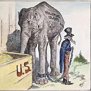 PHILIPPIINES CARTOON, 1898 What Will He Do With it?: Having acquired the Philippines, Uncle Sam ponders how to deal with that country: American cartoon, 1898, by Charles Nelan