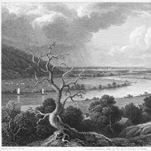 PORTA WESTFALICA, 1829. The Porta Westfalica looking down the Weser toward Minden. Steel engraving by Letitia Byrne, 1829, after a drawing by Robert Batty