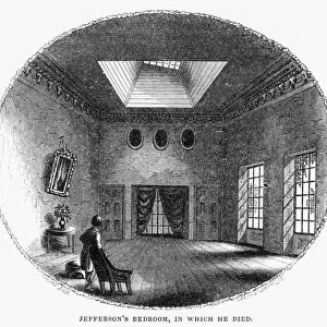 Third President of the United States. The bedroom at Monticello, where Thomas Jefferson died. Wood engraving, American, 1863