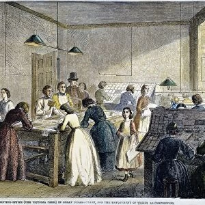 PRINTING OFFICE, 1861. Women employed as compositors at a printing office in London, England. Color engraving, 1861