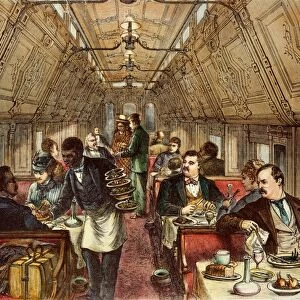 PULLMAN: DINING CAR, 1877. Dining at twenty miles an hour west of Chicago in a Pullman hotel car of the transcontinental railroad. Color engraving, 1877