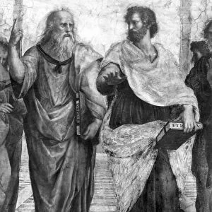 RAPHAEL: SCHOOL OF ATHENS. In the center: Plato (left), and Aristotle. Detail, fresco