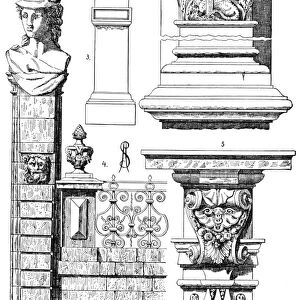 RENAISSANCE ORNAMENT. French Renaissance decorative architectural elements. Engraving