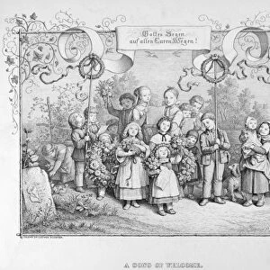 RICHTER: CHILDREN. A Song of Welcome. Line engraving, German, 1875, after a drawing by Ludwig Richter (1803-1884)