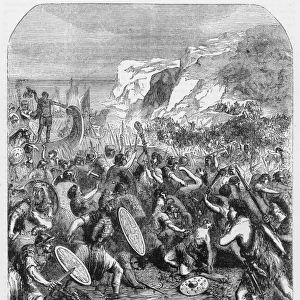 ROMAN INVASION OF BRITAIN. Caesars invasion in 55 B. C Wood engraving, 19th century