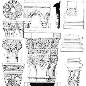 ROMANESQUE ORNAMENT. German Romanesque columns and capitals. Decorative engravings