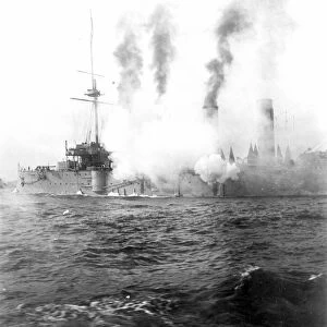 RUSSO-JAPANESE WAR, 1904. Naval action involving a Russian cruiser, foreground