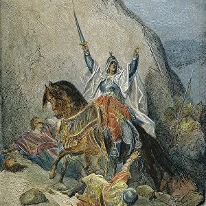 SALADIN (1138-1193). Saladin victorious in battle. Color engraving after Gustave Dor