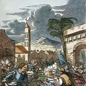 SIR HENRY MORGAN (lower left) leading the sack of Puerto Principe, Cuba, in 1668: English colored engraving, 1704