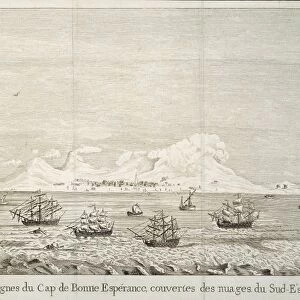 SOUTH AFRICA: CAPE TOWN. A view of Cape Town, including Table Mountain and Table Bay. Line engraving, French, 18th century