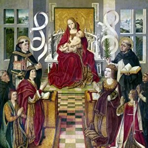 SPAIN: KING & QUEEN, 1490. The Madonna of Catholic Kings. At left, King Ferdinand of Spain kneels in front of the Virgin Mary with Saint Thomas Aquinas holding the church. Beside the king is the Infant Don Juan. Queen Isabella kneels at right with Saint Dominic, holding a lily and an open book. Oil on panel, Spanish c1490
