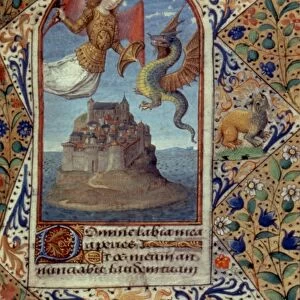 ST. MICHAEL. St. Michael fighting the dragon over Mont-St-Michael: manuscript illumination from French book of Hours, c1485