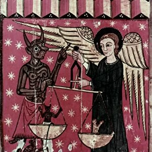 ST. MICHAEL WEIGHING SOULS. Spanish Romanesque altar panel, 13th century
