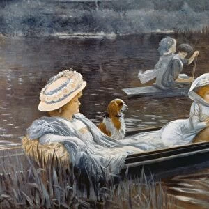 SUMMER AFTERNOON on an English River. Painting, c1910, by J. Simont