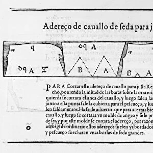 TAILORs PATTERN BOOK, 1589. Line engraving from Juan de Alcegas Libro de Geometria, a pattern book for tailors, published in Madrid, Spain, 1589