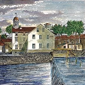 TEXTILE MILL, 1793. Samuel Slaters textile mill built at Pawtucket, Rhode Island, in 1793. 19th century engraving