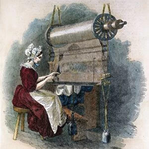 TEXTILE MILL WORKER, 1841. Massachusetts cotton mill worker preparing the warp for the weaver: colored engraving