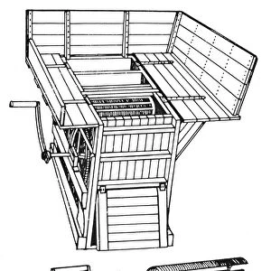 THRESHER, c1860. A hand-cranked thresher with its operative parts shown below: beater bars, concave and slatted screen to separate seeds from stalks. American line engraving, c1860
