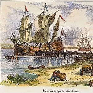 TOBACCO SHIPS, 1600s. English tobacco ships loading in the James River, Virginia, in the 17th century: colored engraving, 19th century