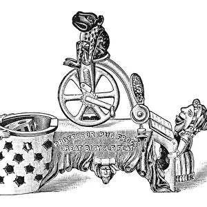 TOY, 1891. Professor Pug Frogs Great Bicycle Feat. Wood engraving from an American catalogue of 1891