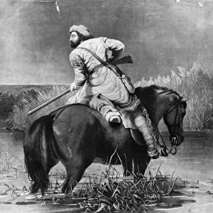 TRAPPER, 19th CENTURY. The Trappers Last Shot. Steel engraving, American, 1850, after a painting by William Tylee Ranney